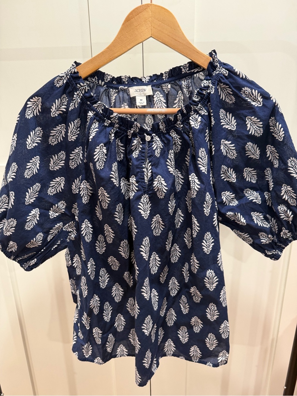 J. Crew Navy White Printed Peasant Blouse